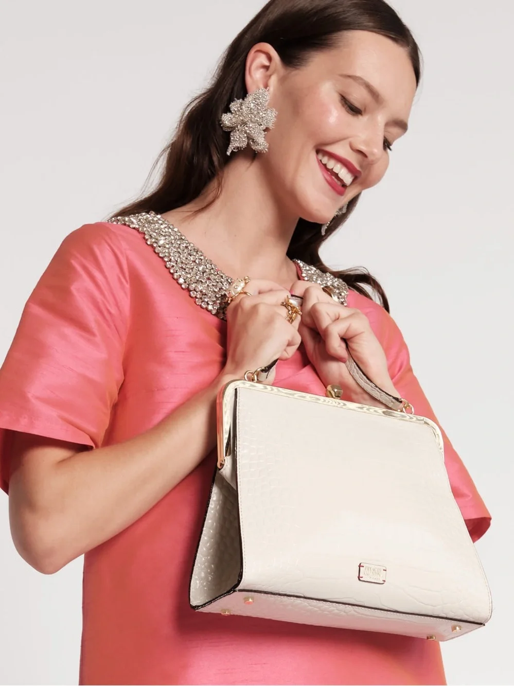 Frances Valentine Pink Pebbled Leather Top Handle Jackie Frame Satchel w Geodome